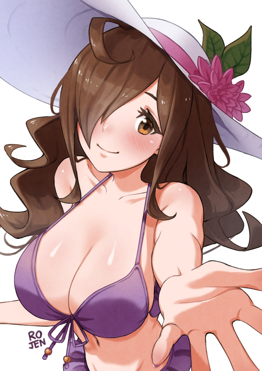 1girls absurdres ahoge artist_name bikini bikini_bottom bikini_top blush breasts brown_eyes brown_hair cleavage collarbone commentary english_commentary female female_focus female_only flower hair_over_one_eye hat hat_flower highres kono_subarashii_sekai_ni_shukufuku_wo! large_breasts looking_at_viewer navel one_eye_covered open_hand pink_flower purple_bikini purple_bikini_bottom purple_bikini_top rojen rojen_p smile solo sun_hat swimsuit white_background wiz_(konosuba)