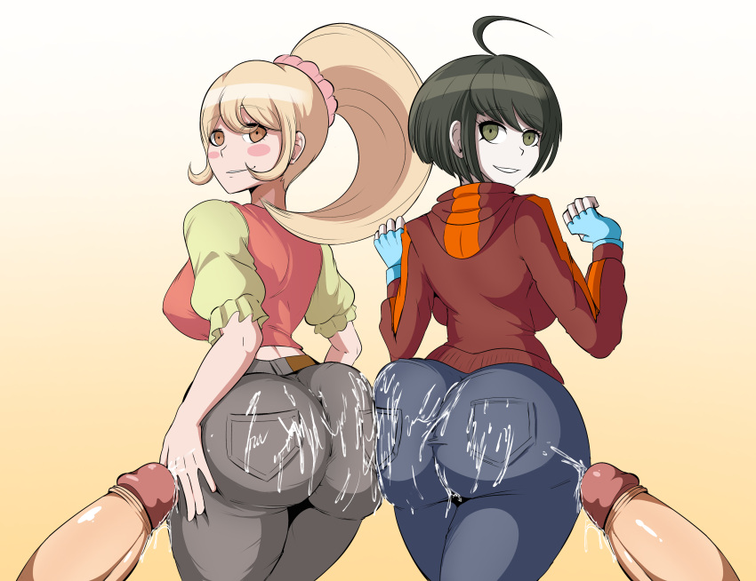 2boys 2girls alternate_version_available ass big_ass big_breasts big_butt breasts clothed clothing cum cum_on_ass cum_on_body cum_on_clothes cum_on_lower_body cumshot danganronpa danganronpa_2:_goodbye_despair danganronpa_ultra_despair_girls disembodied_penis ejaculation female fingerless_gloves gloves group_sex hoodie huge_ass jeans male multiple_boys multiple_girls naegi_komaru naver partial_male penis penis_out saionji_hiyoko shortstack straight sweater thick_thighs thighs tight_jeans