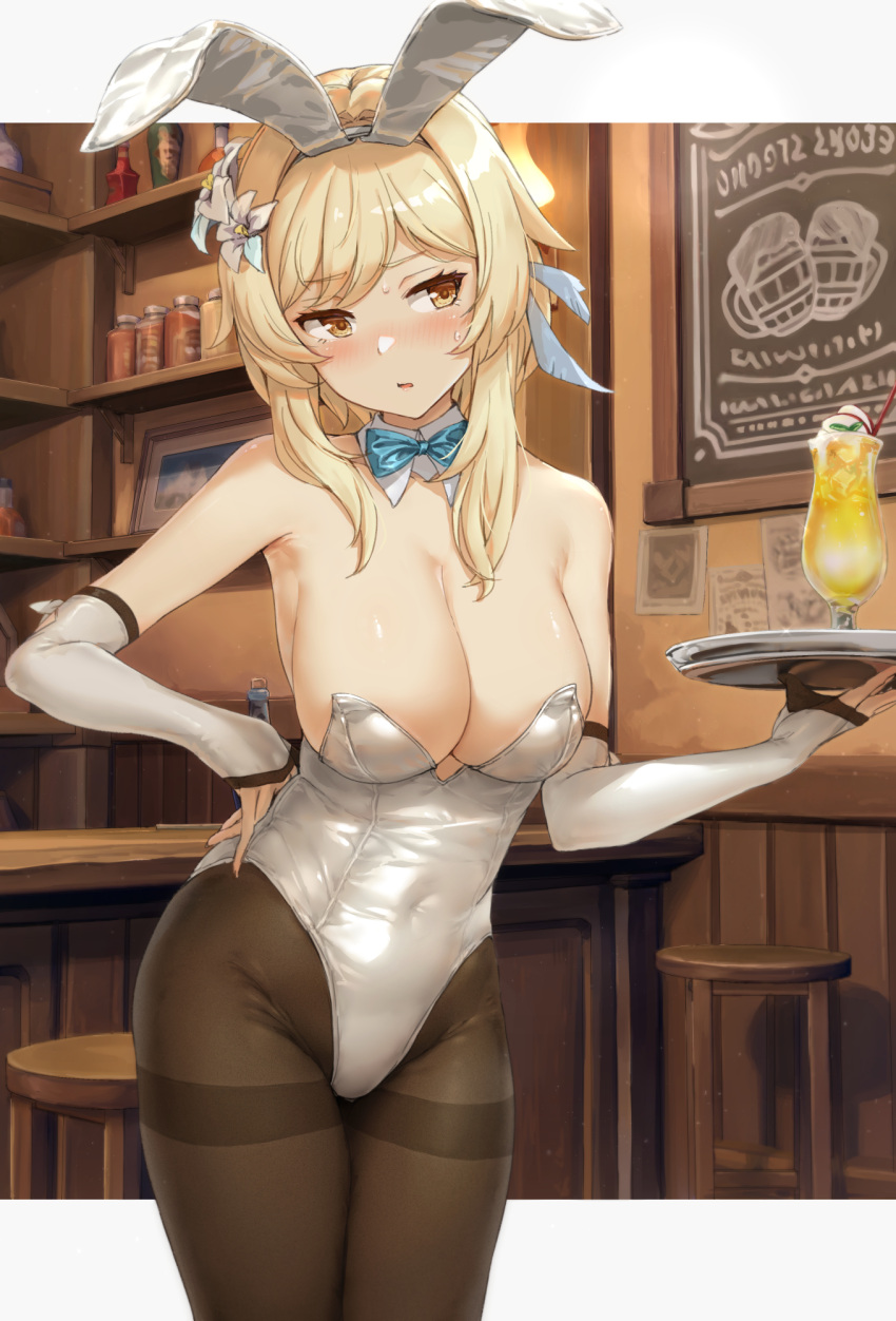 1girls akita_hika alcohol bare_shoulders black_legwear blonde_hair blush breasts bunny_ears bunny_girl bunnysuit busty cleavage drink female female_only genshin_impact hi_res large_breasts leotard lumine_(genshin_impact) pantyhose playboy_bunny sweat tavern waitress yellow_eyes