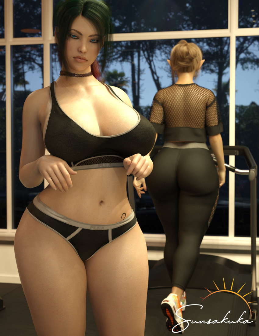 2girls 3d athletic athletic_female big_breasts breasts busty clochette_vertfeuille elf elf_ears elf_female eyelashes eyes eyeshadow female glasses gym hidielle_moore hips hourglass_figure human humanoid large_ass large_breasts legs light-skinned_female light_skin lips original original_character pointy_ears sunsakuka thick thick_legs thick_thighs thighs voluptuous wide_hips workout_clothes