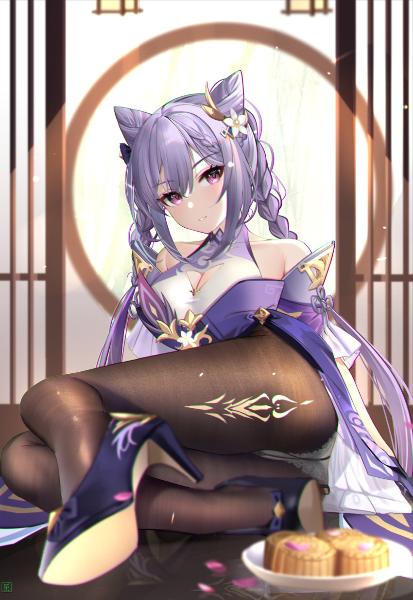 big_breasts black_stockings braid breasts chinese_clothes genshin_impact high_heels keqing_(genshin_impact) muka_tsuku mukatsukulsp panties_under_pantyhose pantyhose purple_eyes purple_hair thick_thighs thighs tight_clothing twintails