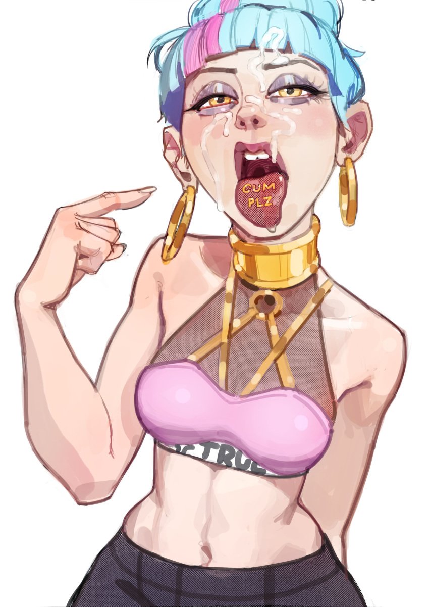 1girls bare_shoulders clothed cum cum_on_face earrings hair_bun half-closed_eyes innie_belly_button inviting league_of_legends light-skinned_female mascara open_mouth peakbuns plump_lips presenting_mouth qiyana_yunalai saliva_on_tongue short_hair small_breasts solo suggestive_gesture toned_stomach tongue_out true_damage_qiyana true_damage_series two-tone_hair white_background yellow_eyes