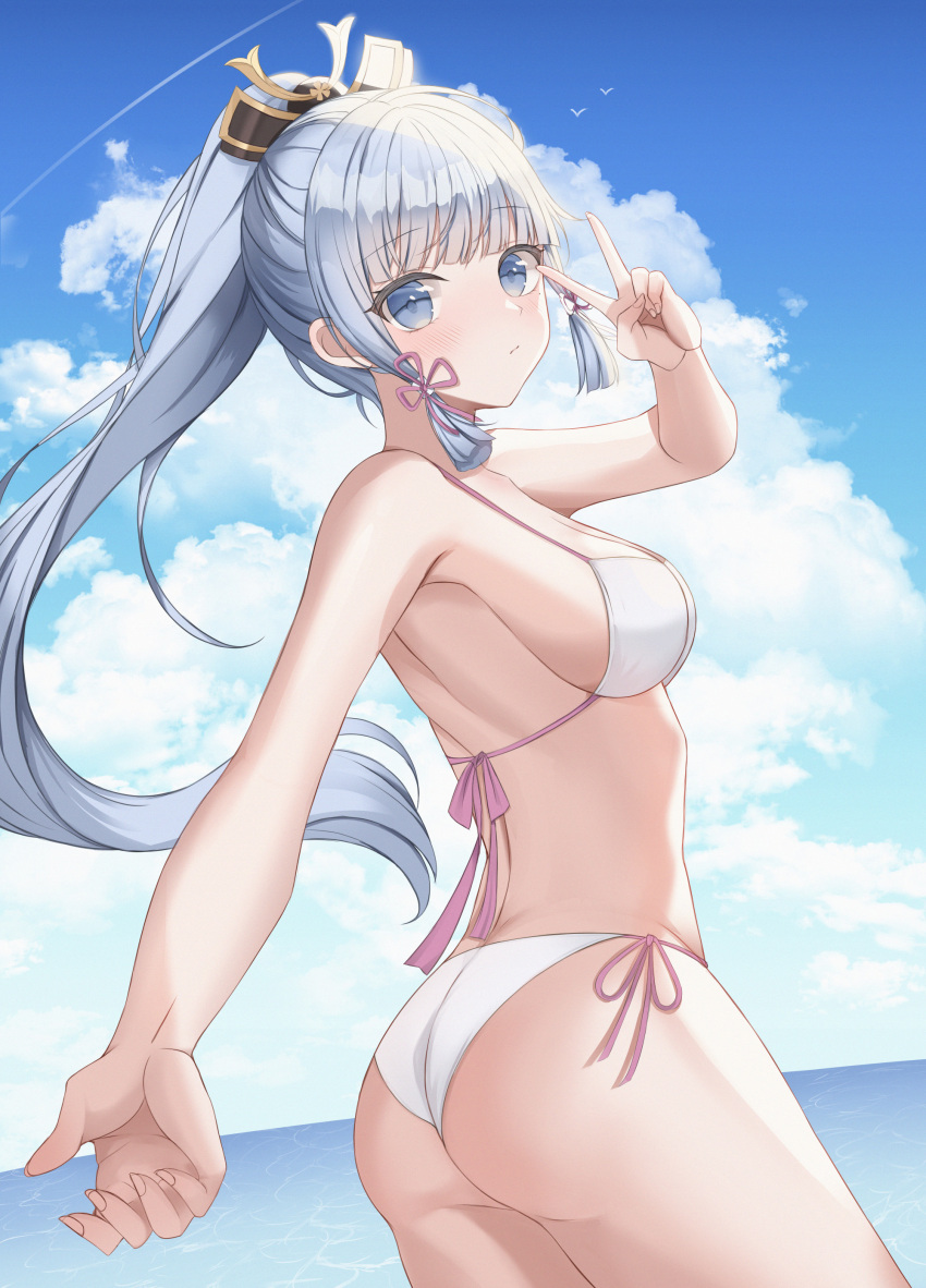 1girls ass ass_focus beach bikini blue_eyes blue_hair blush breasts genshin_impact hamong kamisato_ayaka peace_sign swimsuit thick_ass thick_thighs thighs