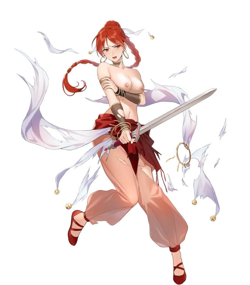 1girls bare_shoulders biggitybiggitybig braid braided_ponytail breasts collarbone dancer dancing earrings edit fire_emblem fire_emblem:_the_sacred_stones fire_emblem_heroes frown lips lipstick long_hair medium_breasts nintendo nipples nude_filter official_art open_mouth png ponytail red_eyes red_hair red_lipstick see-through solo sword tethys_(fire_emblem) topless torn_clothes transparent_background weapon