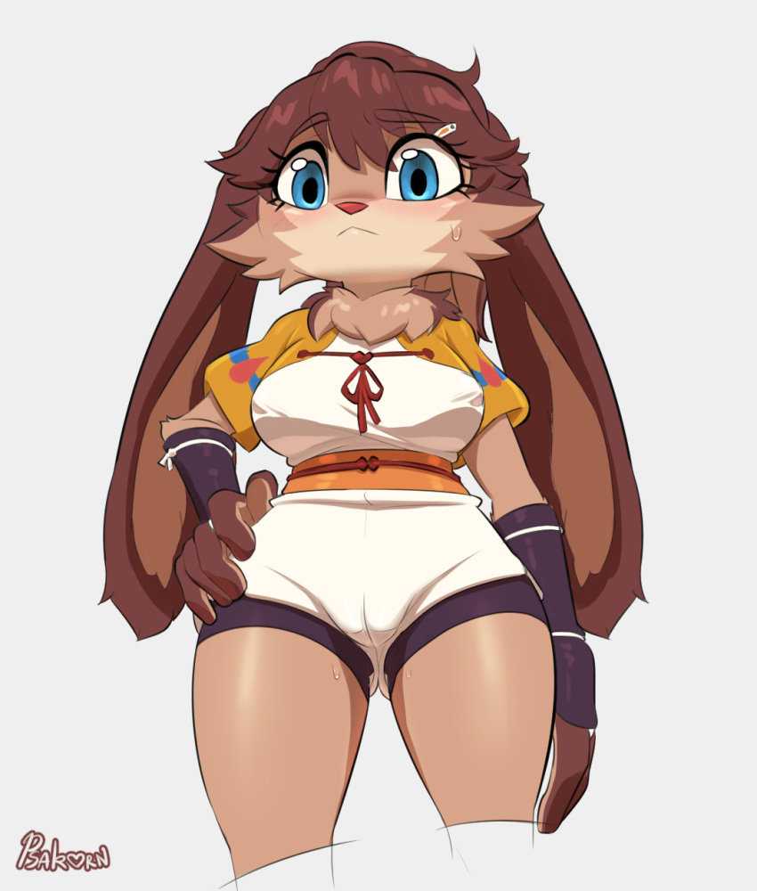 2021 anthro athletic big_eyes big_hands blue_eyes bodily_fluids bottomwear breasts brown_ears brown_hair cameltoe chest_tuft clothed clothing cropped_legs digital_media_(artwork) female female_only fit_female floppy_ears fluffy_cheeks front_view fur furry furry_only geno_studio glistening_hair hand_on_hip hi_res inguinal_crease lagomorph lepi_(species) leporid long_ears looking_at_viewer lop_(star_wars) lop_and_ochou lucasfilm mammal neck_tuft neoteny nervous nipple_outline no_bra no_panties no_underwear petite psakorn_tnoi rabbit rabbit_ears shaded shorts solo solo_female star_wars star_wars_visions sweat sweatdrop tail tan_fur thighs tuft two_tone_fur vambraces very_long_ears