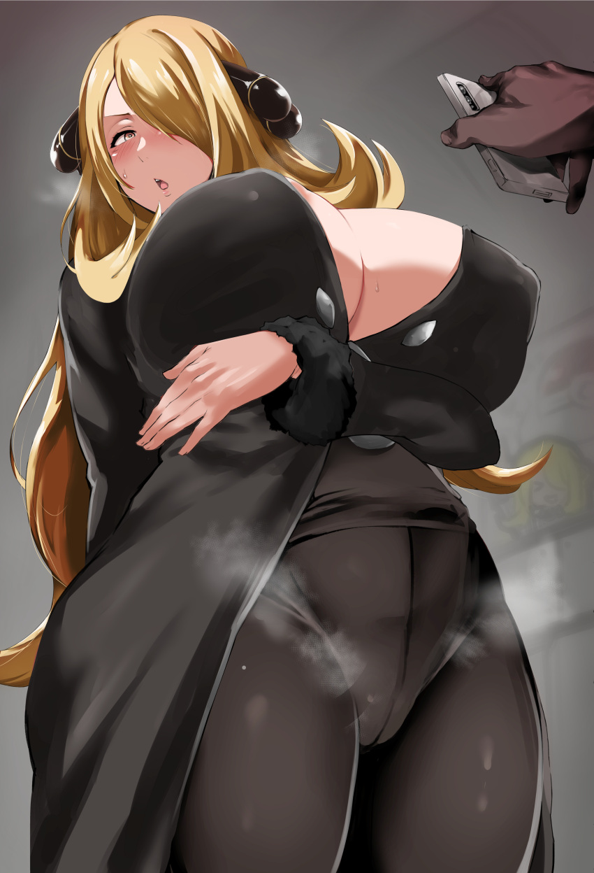 1boy 1girls alternate_breast_size big_breasts black_coat black_pants blackmail blonde_hair cellphone curvaceous curvy cynthia_(pokemon) erect_nipples_under_clothes fur_trim game_freak hair_covering_eye hair_ornament holding_cellphone huge_breasts human large_breasts long_hair nintendo pokemon pokemon_dppt ratetaso standing steaming_body thick_thighs