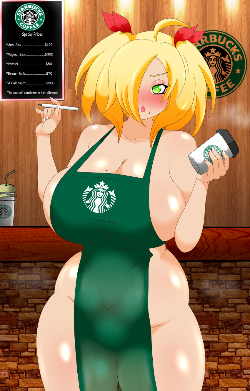 1girls big_breasts blonde_hair breasts codeyumi coffee elesa_(codeyumi) female gyaru huge_breasts iced_latte_with_breast_milk large_breasts meme original original_character service solo_female starbucks thick_thighs