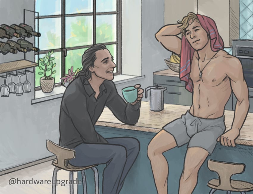 2boys adoptive_siblings bare_chest chris_hemsworth duo duo_focus hardwareupgrade human human_only intimate light-skinned_male light_skin loki_(marvel) long_hair_male male male_focus male_only marvel muscular_male partially_clothed shirtless stepbrother thor_(marvel) thor_(series) tom_hiddleston