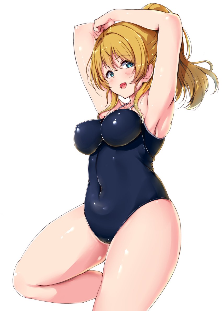 1girls armpits ass ayase_eli belly_button big_breasts blonde_hair blue_eyes breasts female female_only hi_res high_resolution highres looking_at_viewer love_live! love_live!_school_idol_project one-piece_swimsuit shinonon shinonon_(iso_shino) solo thick_thighs thighs