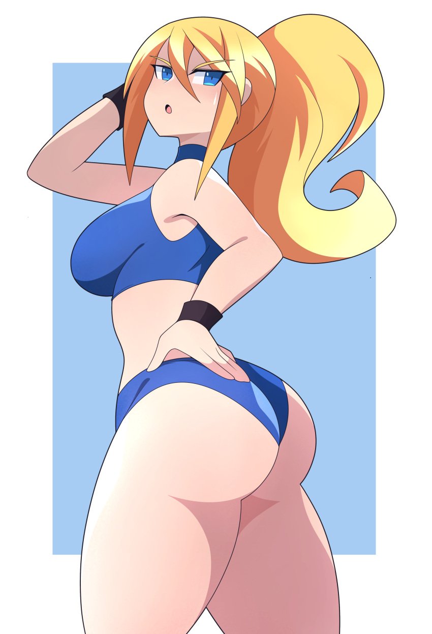 1girls 2021 abysswatchers ass big_ass big_breasts blonde_hair blue_eyes border bracelets breasts female metroid nintendo ponytail samus_aran sideboob solo standing thick_thighs thighs white_border