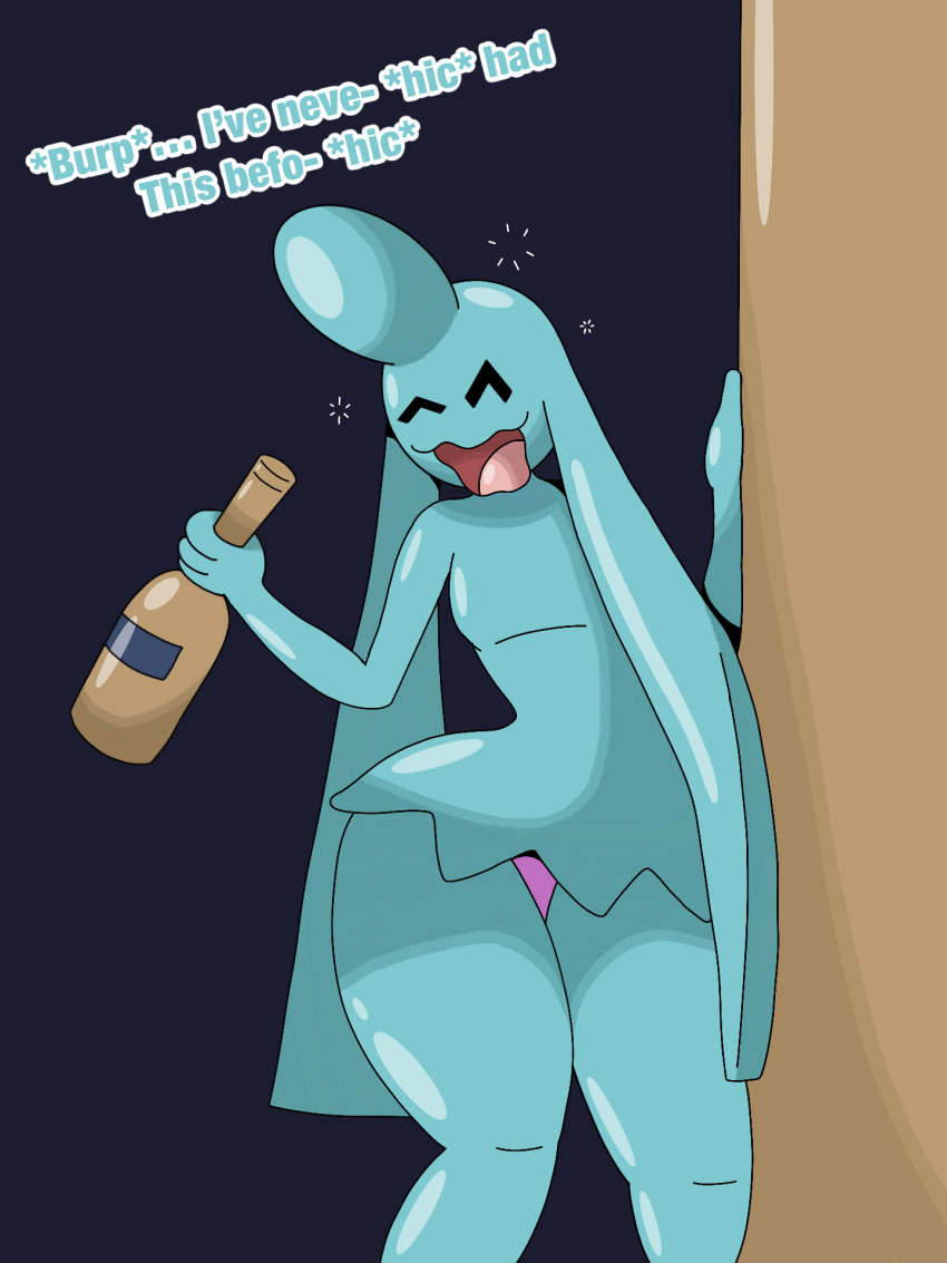 alcohol anthro ass big_ass blue_body blue_skin bottle drunk drunk_bubbles english_text holding_bottle holding_object intoxicated nintendo open_mouth panties pink_panties pokémon_(species) pokemon pokemon_rse small_breasts text thick_thighs wall wynaut wynette