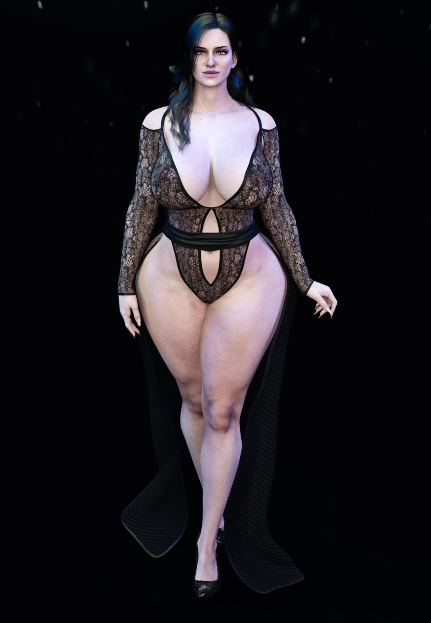 1girls 3d 3d_(artwork) bare_shoulders big_ass big_breasts big_butt black_background black_hair black_heels black_lingerie breasts breasts_apart brown_hair busty child_bearing_hips clavicle curvy dark_background female female_only front_view full_body huge_breasts human lace leftent lingerie long_hair looking_at_viewer mature_female milf mole_(marking) mole_on_leg nipples_visible_through_clothing pale_skin pawg purple_lips realistic_textures see-through see-through_clothing see-through_lingerie solo taller_girl the_witcher_(series) the_witcher_3:_wild_hunt thick_ass thick_legs thick_thighs walking wide_hips yennefer