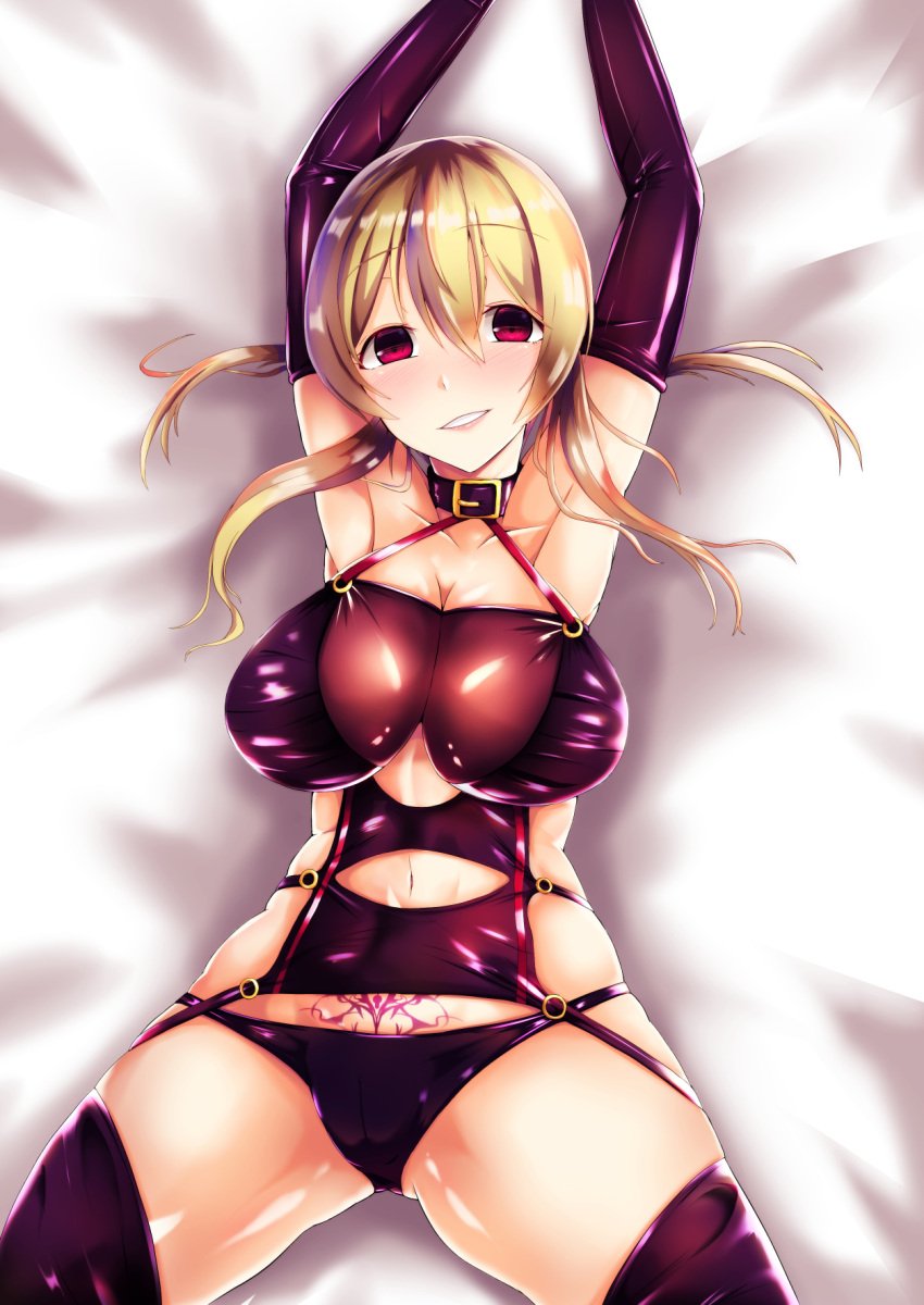 1girls :d alternate_eye_color armpits arms_up black_bra black_choker black_gloves black_panties blonde_hair blush bra choker commentary_request corruption dark_persona eyebrows_visible_through_hair female gloves highres kantai_collection keiki_illust low_twintails navel open_mouth panties partial_commentary plump prinz_eugen_(kantai_collection) pubic_tattoo red_eyes shiny smile solo spread_legs tattoo thighhighs thighs twintails underwear