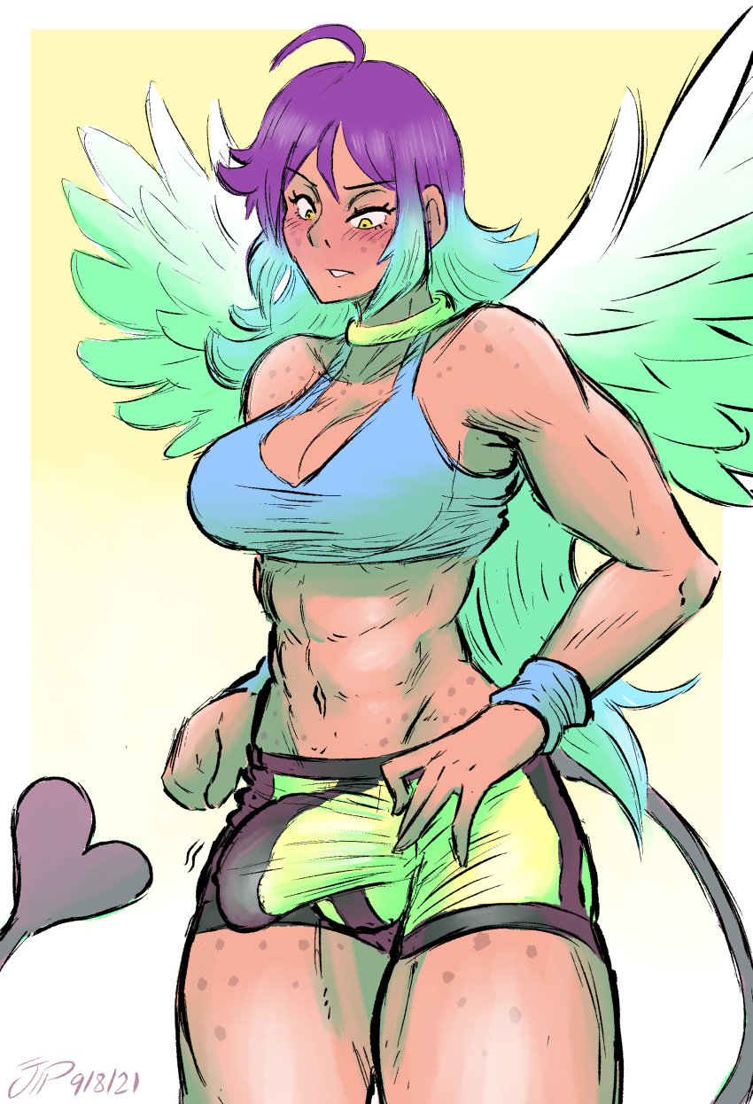 1futa 2021 abs ahoge alternate_version_at_source angel angel_wings balls big_balls big_penis blue_hair blush breasts bulge clara_(drykoops) clothed clothing dated erection erection_under_clothes freckles futa_only futanari humanoid humanoid_penis light-skinned_futanari mostly_clothed muscular muscular_futanari navel original_character pants pants_pull penis penis_under_clothes purple_hair shorts solo tail two_tone_hair videajames wings workout_clothes yellow_eyes