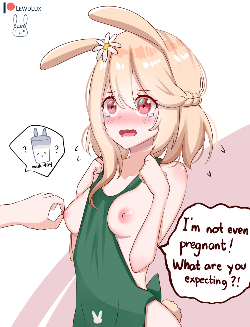 1girls apron areolae blonde_hair blush breasts breasts_out bunny_ears bunny_girl bunny_tail embarrassed english_text female female_only flower_in_hair iced_latte_with_breast_milk lewdlux lewdlux_(vtuber) looking_at_another medium_breasts medium_hair meme nervous nipple_pinch nipples no_bra original_character red_eyes shy speech_bubble starbucks tagme tears text trembling white_background