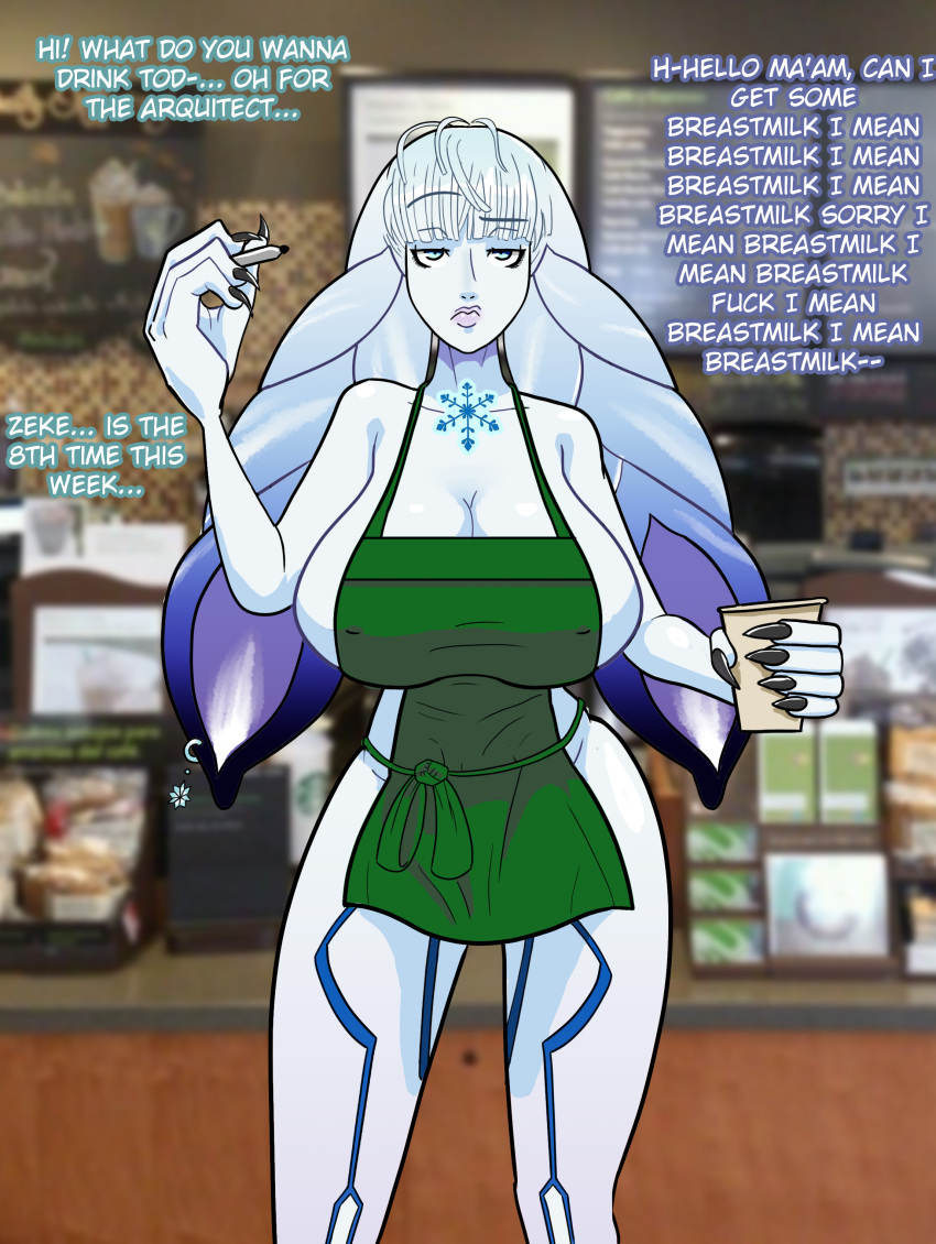 ashentrickster big_breasts big_nipples blue_eyes blue_fur blue_skin bunny_ears dahlia_(xenoblade) iced_latte_with_breast_milk lactating lactation meme milf milk milking starbucks xenoblade_(series) xenoblade_chronicles_2 zeke_von_genbu_(xenoblade)