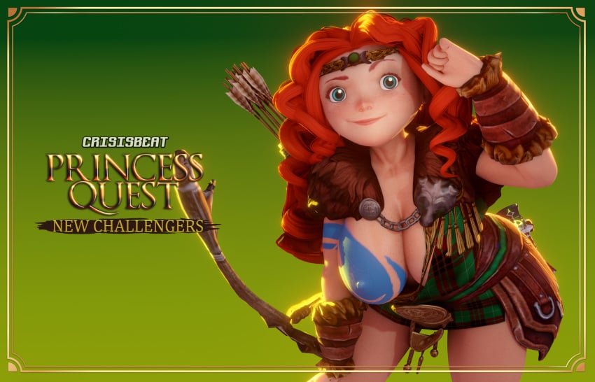 3d armor big_breasts blue_eyes body_paint bodypaint brave breasts casual clothing crisisbeat disney disney_princess eyebrow_raise female headwear human jewelry leaning_forward long_hair merida nipples nude_female one_breast_out pale_skin pixar princess_quest red_hair scottish smile sole_female tartan tartan_clothing weapon