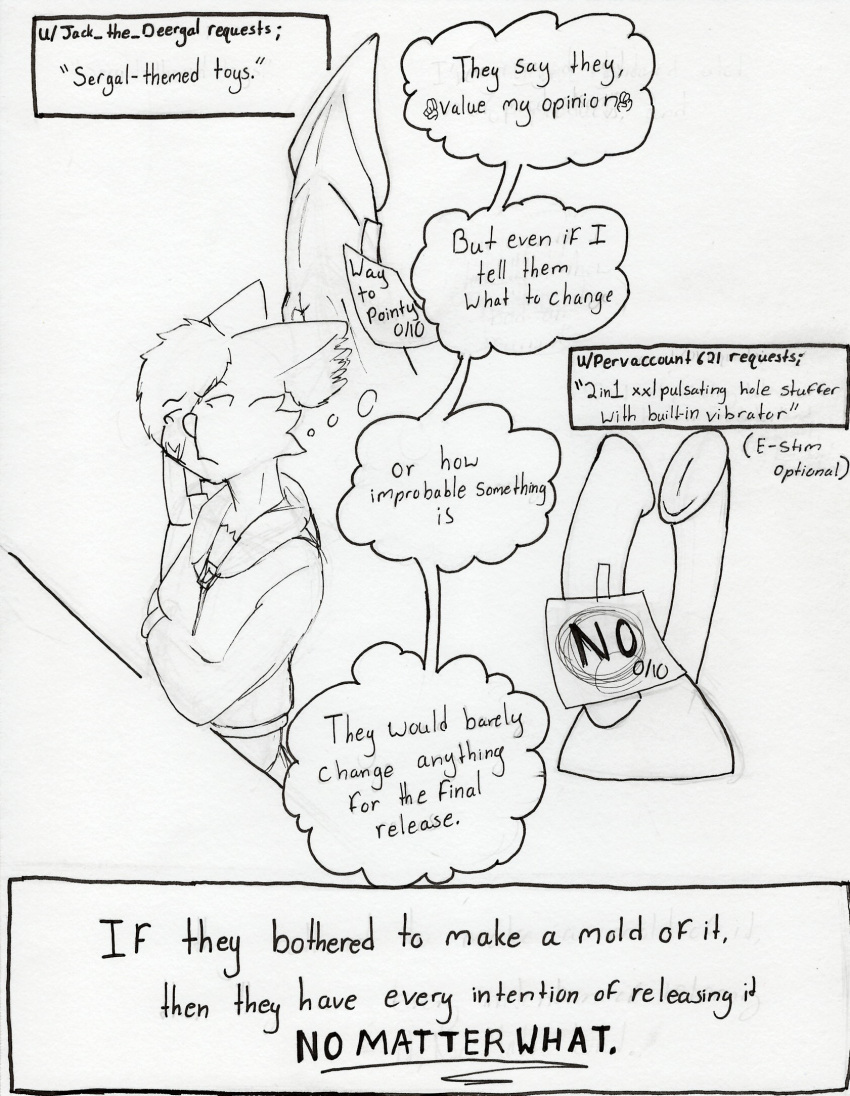 animal_genitalia animal_penis anthro black_and_white comic dildo domestic_cat ear_tuft english_text equid equine equine_penis felid feline felis female furniture genitals head_tuft hi_res humanoid internal_monologue kendall_(wastester) linked_thought_bubble mammal monochrome number penis phone phone_call post-it_note sergal sex_toy solo table text text_box thought_bubble tuft underline wastester