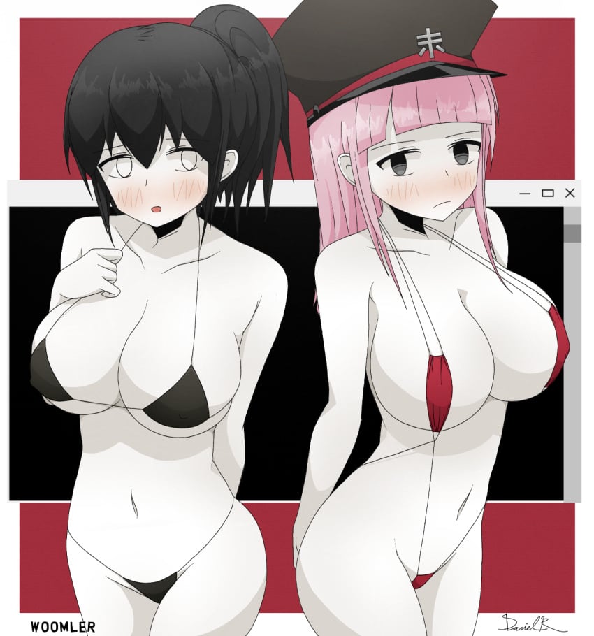 2girls big_breasts bikini black_hair blossom_hope blush breasts duo grey_eyes hat looking_at_viewer medium_breasts medium_hair misaki_takamiya multiple_girls pink_hair ponytail sakura_kawakami signature simple_background skimpy_bikini thick_thighs watermark white_eyes white_skin woomler