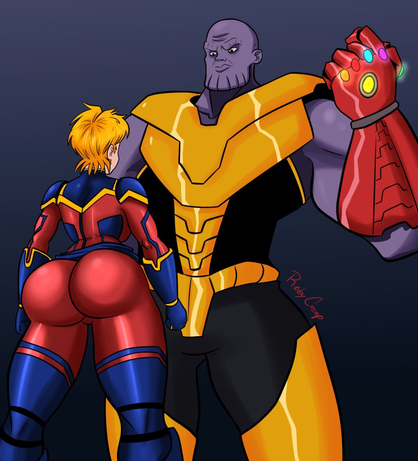 1boy 1girls alien alien_boy avengers avengers:_endgame back_view behind_view big_ass big_butt blonde_hair blue_suit bubble_ass bubble_butt captain_marvel carol_danvers costume female fully_clothed huge_ass huge_butt human humanoid infinity_gauntlet interspecies light-skinned_female light_skin marvel marvel_cinematic_universe nano_gauntlet purple-skinned_male purple_skin red_bodysuit red_suit roby_creep skin_tight superheroine supervillain thanos thick thick_ass thick_legs thick_thighs villain_on_heroine wide_hips