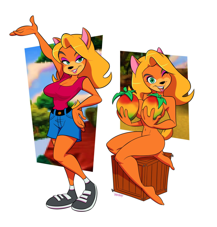 1girls berryvapor covered_nipples crash_(series) crate female large_breasts nude nude_female tawna_bandicoot wumpa_fruit