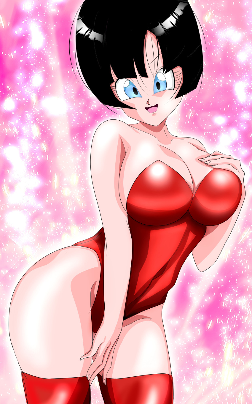 1girls artist_name big_breasts black_hair blue_eyes blush bodysuit breasts clothed_female copyright_name dragon_ball dragon_ball_z eye_contact female large_breasts looking_at_viewer milf redosukan sex short_hair shounen_jump skin_tight skindentation tight_clothing videl