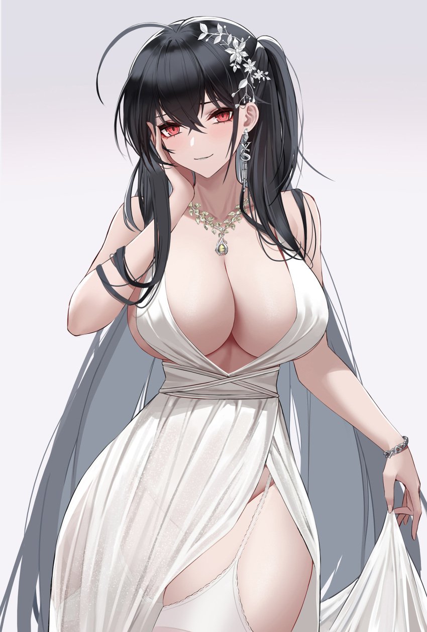 absurdres ahoge azur_lane bangs bare_shoulders black_hair bracelet breasts cleavage dress earrings eternity_(shadeh) flower garter_straps hair_ornament hand_up highres jewelry large_breasts long_hair looking_at_viewer necklace no_panties parted_lips red_eyes see-through side_slit sidelocks sleeveless smile standing taihou_(azur_lane) thighhighs