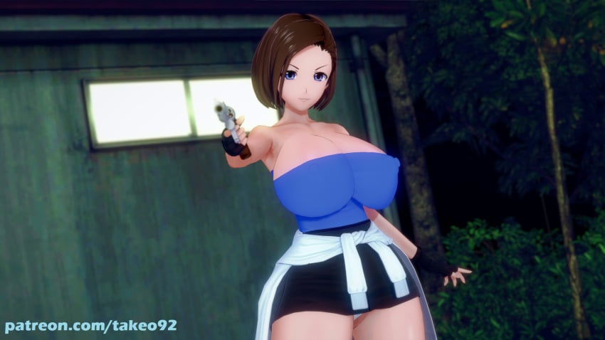 1girls 3d 3d_(artwork) action_pose aiming_at_viewer big_ass big_breasts blue_eyes brown_hair cleavage clothing curvaceous curvy erect_nipples erect_nipples_under_clothes female female_focus female_only fingerless_gloves firearm gun handgun holding_weapon hourglass_figure huge_ass huge_breasts human jill_valentine jill_valentine_(sasha_zotova) large_ass large_breasts looking_at_viewer miniskirt night nipples_visible_through_clothing pale_skin patreon pinup pinup_pose resident_evil resident_evil_3 revealing_clothes revolver seductive short_hair solo standing sweater_around_waist takeo92 text thick thick_thighs tight_clothing tubetop voluptuous weapon wide_hips