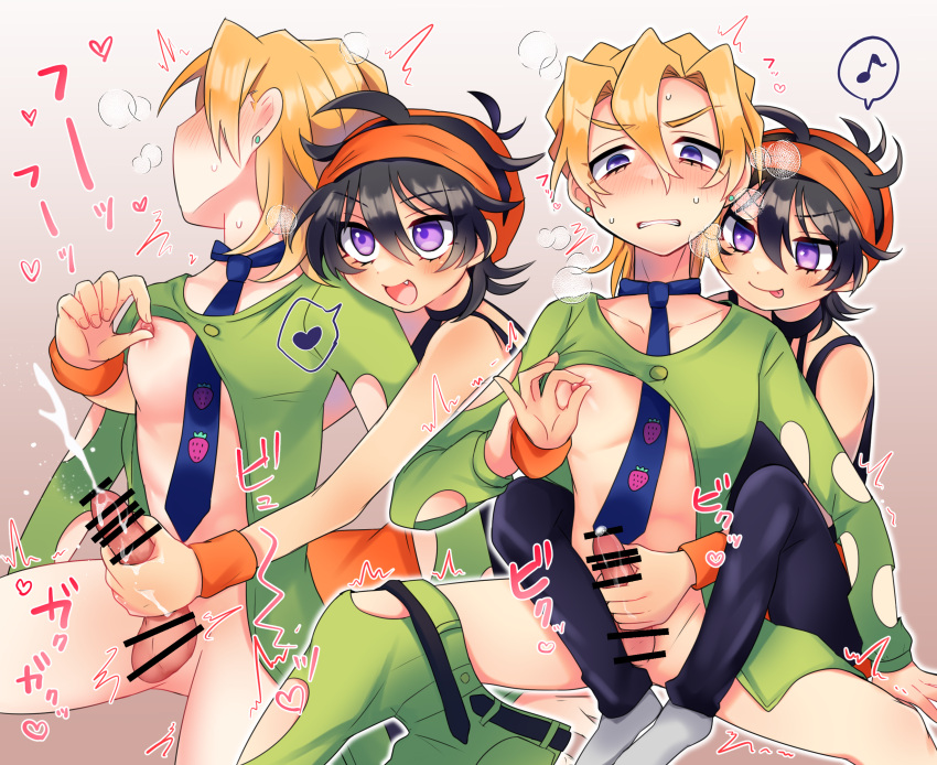 2boys black_hair blonde_hair blush censor_bar censored cum gay handjob handjob_from_behind headband jojo's_bizarre_adventure male/male male_only messy_hair narancia_ghirga nipple_tweak nipples pannacotta_fugo partially_clothed penis vento_aureo yaoi