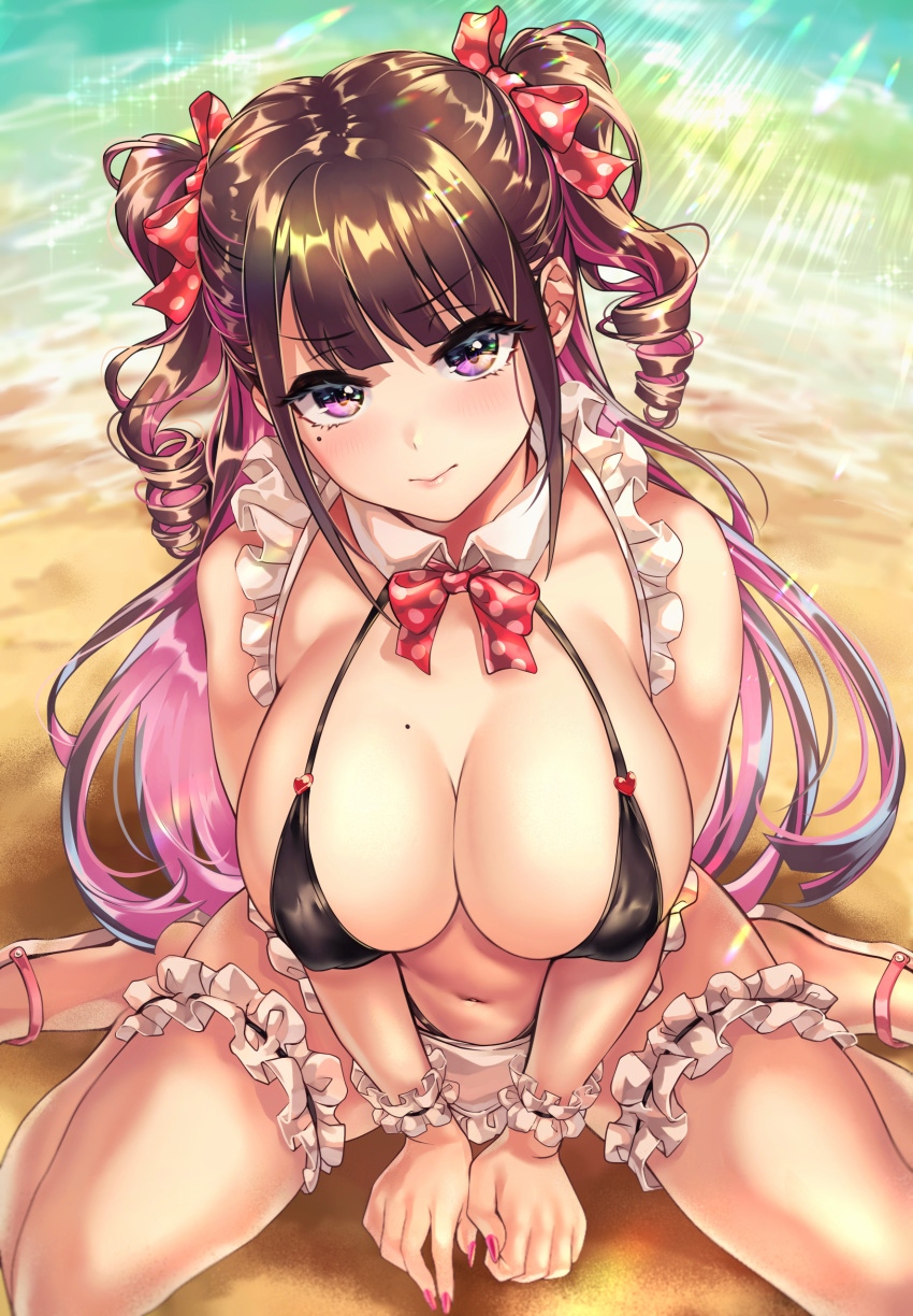 2021 3: absurdres apron bikini black_hair bow bowtie breasts drill_hair eyebrows_visible_through_hair fake_nails female female female_focus female_only focused frilled_apron frilled_bikini frills hairbow highres himekawa_(shashaki) large_breasts leg_garter looking_at_viewer maid_apron maid_bikini mole mole_on_breast mole_under_eye multicolored_hair navel original pink_hair polka_dot polka_dot_bow purple_eyes sand sandals shashaki sitting solo solo_female solo_focus sparkle swimsuit twin_drills two-tone_hair wariza water