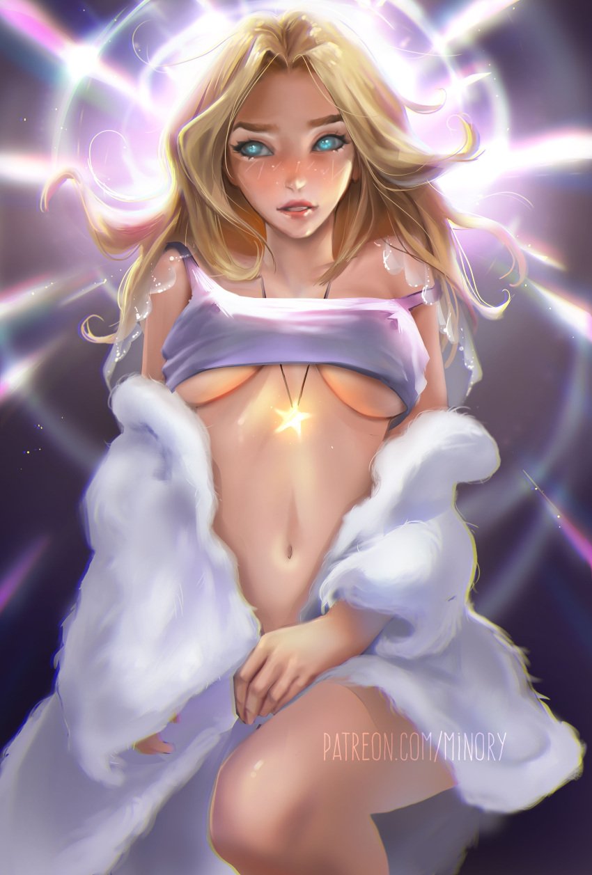 artist_name backlighting between_legs blonde_hair blue_eyes blush bottomless breasts capelet chromatic_aberration clothes_down covering covering_crotch crop_top female fur_coat glowing halo hand_between_legs image jewelry knee_up league_of_legends leg_up light light_rays lips long_hair looking_at_viewer luxanna_crownguard magic magic_user medium_breasts minoryfox navel necklace no_bra off_shoulder parted_lips patreon_username realistic solo spaghetti_strap standing star_(symbol) star_necklace translucent underboob v_arms watermark web_address