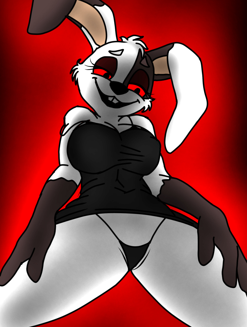 4n0nym0u5 anthro black_background black_dress black_panties breasts bunny_ears bunny_girl cute dress dress_lift excited five_nights_at_freddy's five_nights_at_freddy's:_security_breach furry horny hotpants looking_at_viewer panties pussy rabbit red_eyes self_upload smile solo standing thick_thighs touching_thigh vanny vanny_(fnaf) viewed_from_below white_body