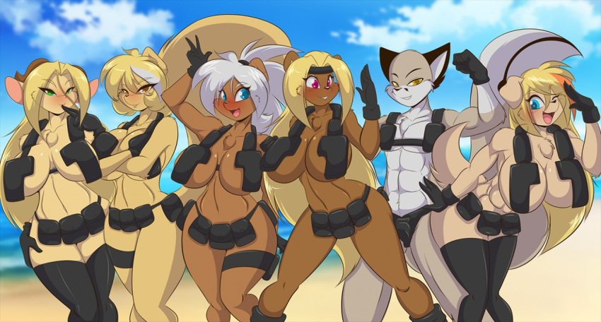 1boy 2019 5girls amanda_(mastergodai) anthro bear big_breasts blonde_hair bovine breasts brown_fur canine cleavage domestic_dog electricfox777 female furry gloria_bourne holster long_hair looking_at_viewer male mastergodai muscular muscular_female muscular_male naomi_(mastergodai) ram rascals rodent skimpy sly_(electronfox777) squirrel tactical_nudity tactical_vest tail tan_fur thick_thighs ursid voluptuous white_hair wide_hips yuriko_nash zoey_(mastergodai)