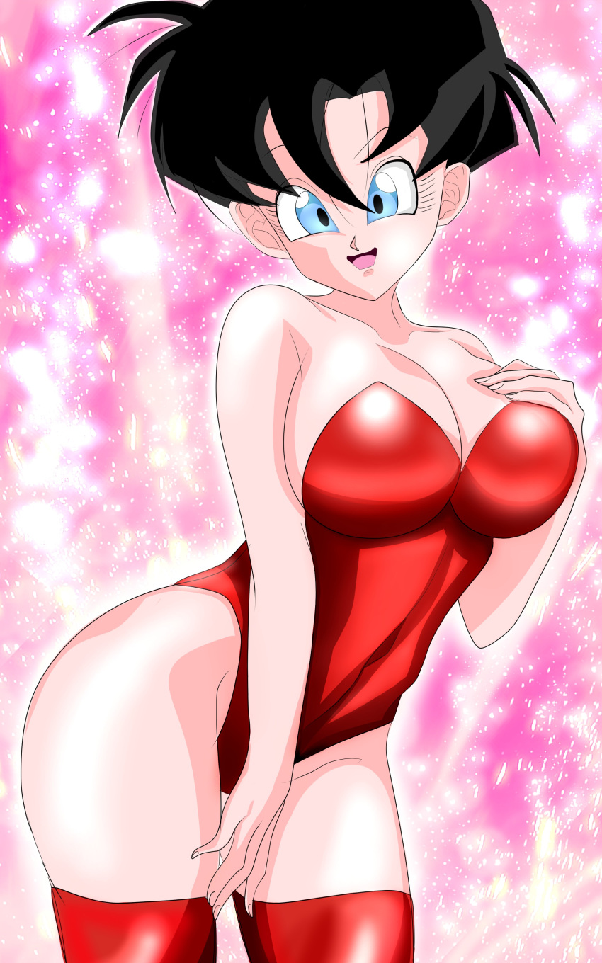 1girls 2d artist_name big_breasts black_hair blue_eyes blush bodysuit breasts clothed_female copyright_name dragon_ball dragon_ball_z eye_contact female large_breasts looking_at_viewer redosukan sex short_hair shounen_jump skin_tight skindentation solo teenager tight_clothing videl