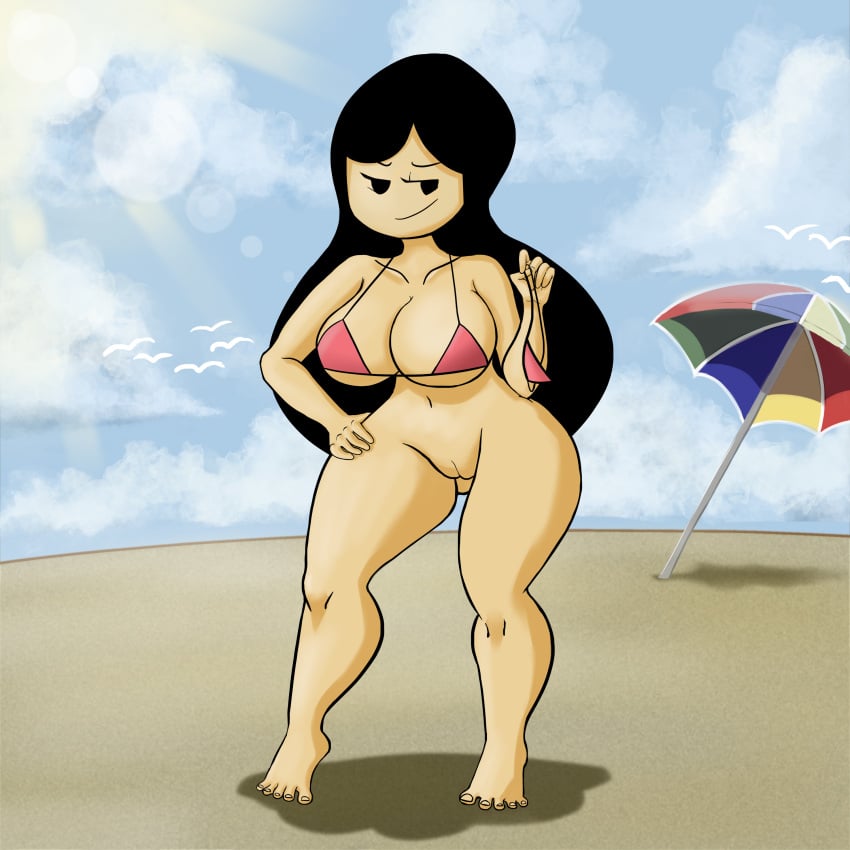 aged_up background beach bikini black_hair bottomless buddy_armstrong cataclysmsopor lisa_(series) lisa_the_joyful lisa_the_painful mob_face simple_face stripping