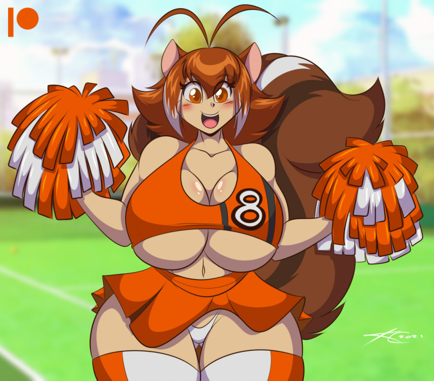 1girls 2021 blazblue blush breasts cheerleader cheerleader_uniform cleavage female female_only huge_breasts looking_at_viewer makoto_nanaya mastergodai panties pom_poms skirt solo squirrel_girl tail thick_thighs voluptuous wide_hips