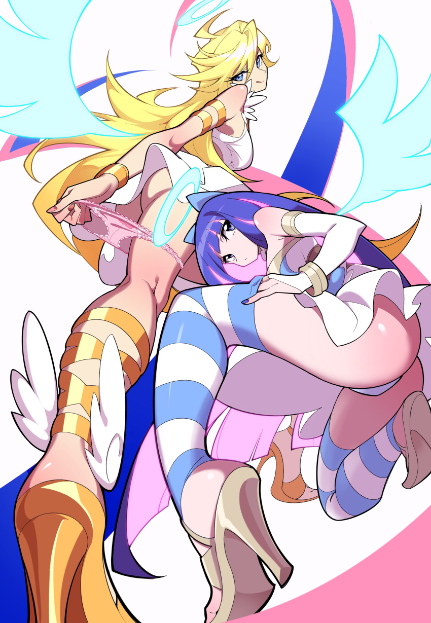 2girls angel angel_wings armband bangs bare_shoulders blonde_hair blue_eyes blue_hair blue_nails bow_panties bracelet cute duo dutch_angle elbow_gloves female female_only footless_stockings gloves goth hair_between_eyes hair_ribbon hairbow halo high_heels light-skinned_female light_skin long_hair looking_at_viewer looking_to_the_side nail_polish panties panties_down panty_&_stocking_with_garterbelt panty_anarchy pink_hair pink_nails pink_panties sisters stocking_anarchy striped_legwear tagme tlotro upskirt very_long_hair white_gloves wings