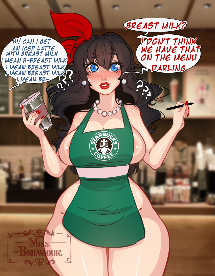 1girls apron apron_only belladonna_(missbehaviour) big_breasts blue_eyes breasts brown_hair busty female female_focus female_only hourglass_figure huge_breasts iced_latte_with_breast_milk lipstick long_hair makeup meme missbehaviour original sideboob solo speech_bubble standing text thick_thighs wide_hips