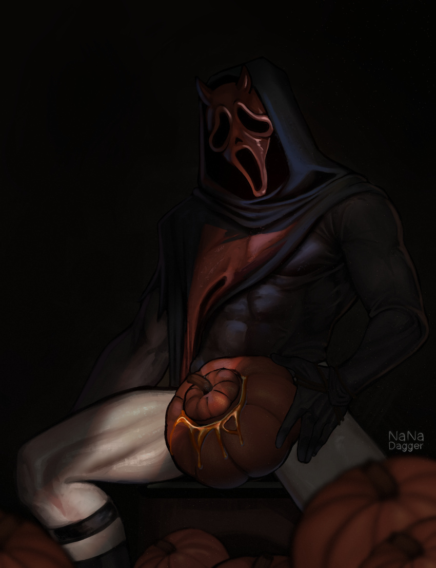 1boy covered_crotch dead_by_daylight ghostface mask muscles muscular muscular_male nanadagger pumpkin pumpkins ripped_clothing tagme