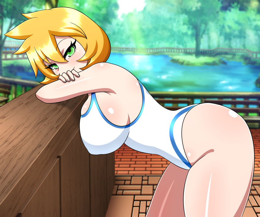 alternate_breast_size bare_legs bent_over bikini blush breasts cowboy_shot creatures_(company) female female_focus game_freak green_eyes gym_leader huge_breasts kasumi_(pokemon) large_breasts legs misty_(pokemon) misty_(pokemon_hgss) nintendo nipples one-piece_swimsuit orange_hair pokemon pokemon_(game) pokemon_gsc pokemon_hgss smile solo swimsuit thighs tree yensh