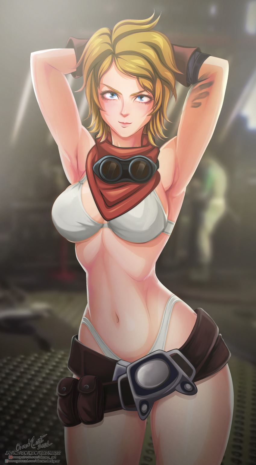 amanda_holliday belt bikini bikini_top blonde_hair blue_eyes bungie destiny_(game) female female_focus female_only glasses gloves looking_up oicram_art tattoo thong