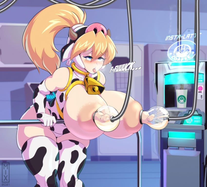 ahe_gao breasts breasts_out ciel_(mega_man) coffee coffee_machine cow_print cow_print_leotard huge_breasts lactation llmixll mega_man mega_man_zero milking milking_machine nipples tagme