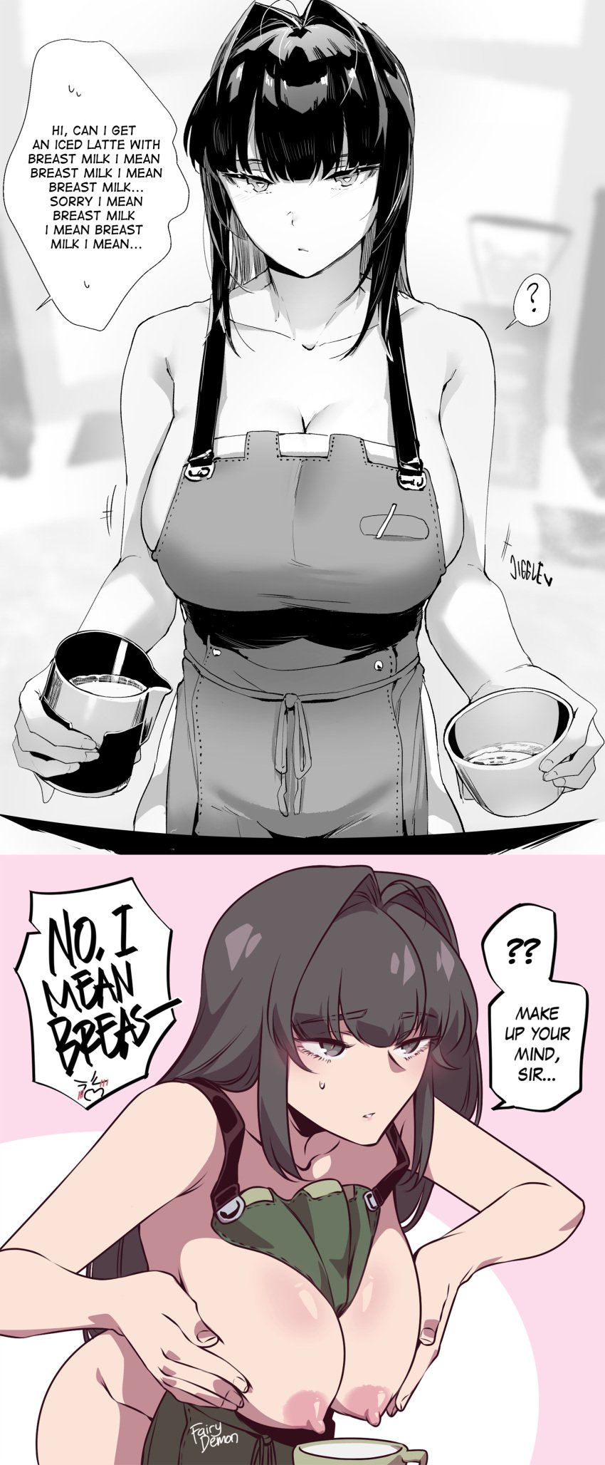 1:1 1girls 2021 ? ?? apron artist_name bare_arms bare_shoulders barista big_breasts black_eyes black_hair blush breast_squeeze breasts breasts_out busty collaboration comic cup dialogue edit english_text eyebrows_visible_through_hair fairydemon female female_only highres huge_breasts iced_latte_with_breast_milk imminent_lactation large_breasts leaning_forward looking_at_another matching_hair/eyes meme naked_apron naoko-san naoko_(9113419) nipples no_bra_under_clothes offscreen_character original pink_background signature simple_background solo speech_bubble spoken_blush squeezing_breast standing starbucks sweat sweatdrop tagme teeth text thighs