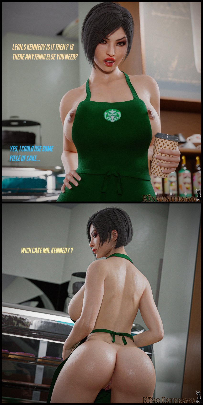 1girls 3d ada_wong ada_wong_(adriana) apron apron_only areolae ass black_hair blender breasts bubble_butt capcom coffee coffee_cup comic dat_ass edit erect_nipples female female_only front_view human human_only iced_latte_with_breast_milk kingestefano98 labia large_breasts lipstick meme nipples pussy rear_view red_lipstick resident_evil resident_evil_2 resident_evil_2_remake short_hair sideboob solo starbucks starbucks_siren vagina waitress waitress_uniform wide_hips