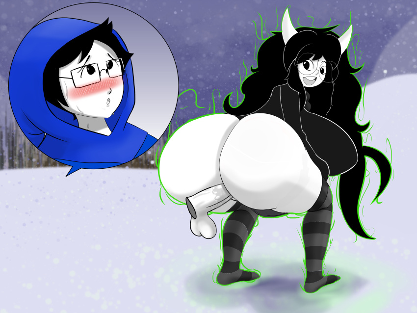 1boy 1girls 2021 ass ass_expansion background big_ass big_breasts black_hair bottomless breast_expansion breasts buckteeth cataclysmsopor clothed clothing dog_ears floating_penis glasses green_aura homestuck incest jade_harley john_egbert long_hair ms_paint_adventures open_mouth penis pussy_juice striped_legwear vaginal_penetration white_skin