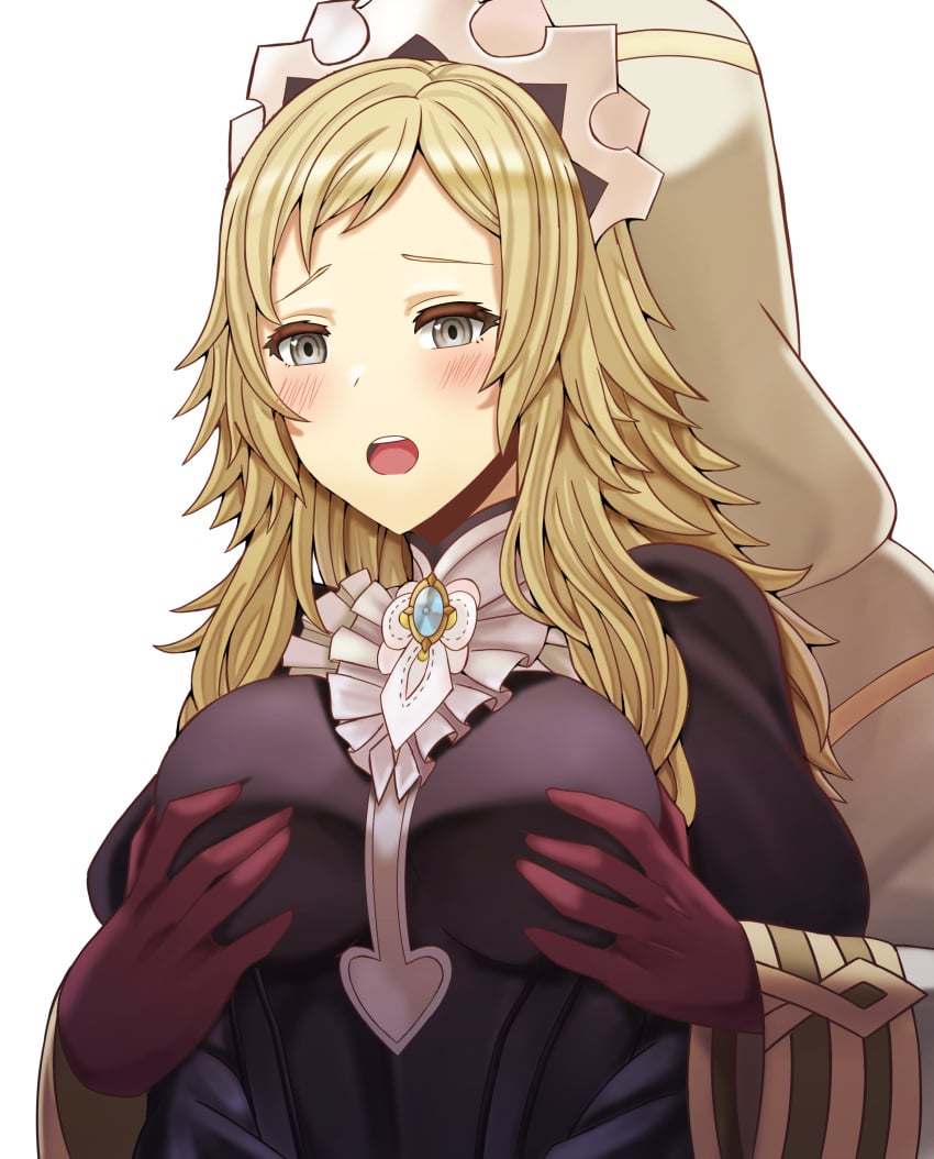 1boy 1girls absurdres ahoge alternate_costume bangs blonde_hair blush breast_grab breasts brooch commission cosplay double_breast_grab felicia_(fire_emblem) felicia_(fire_emblem)_(cosplay) female fire_emblem fire_emblem_fates fire_emblem_heroes gloves grabbing grey_eyes groping highres hood jewelry kiran_(fire_emblem) kiran_(fire_emblem)_(male) long_hair maid_headdress medium_breasts nintendo open_mouth ophelia_(fire_emblem) saikunartworks straight