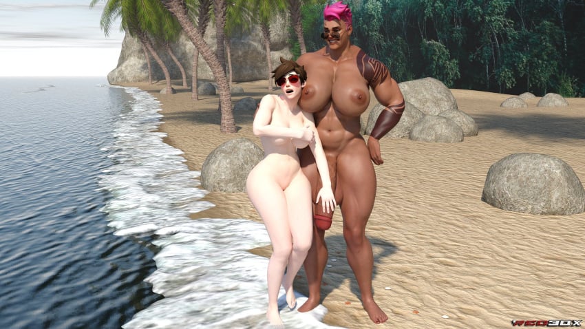 1futa 1girls 3d 3d_(artwork) beach big_ass big_balls big_breasts big_dom_small_sub big_muscles big_penis blizzard_entertainment butch daz3d daz_studio futa_on_female futanari imminent_rape imminent_sex muscular muscular_female outside overwatch pawg penis pubic_hair red3dx suprised thick_ass thick_penis thick_thighs tracer zarya