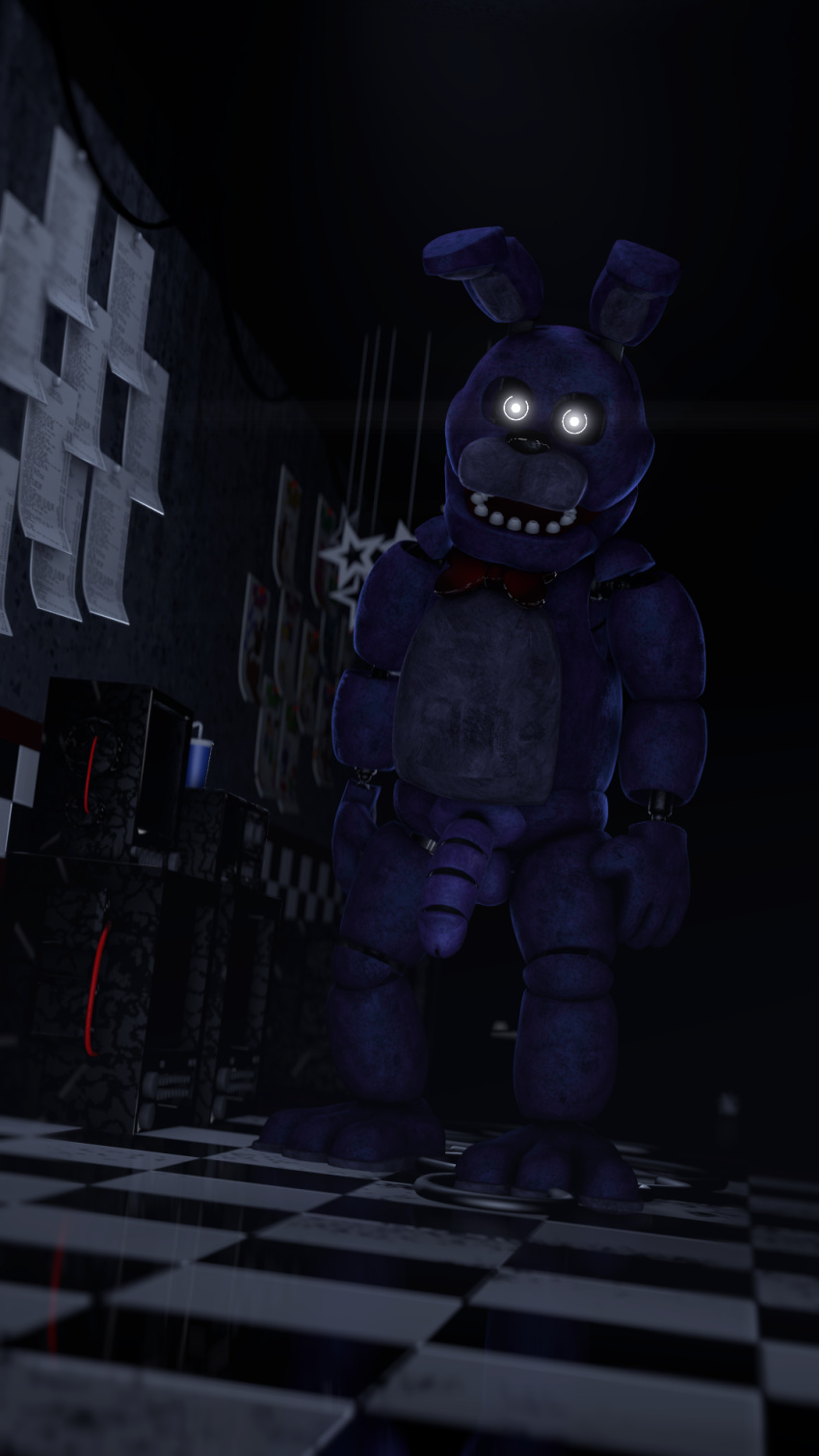 3d animatronic animatronics blurred_background blurry_background bonnie_(fnaf) creepy exposed_penis five_nights_at_freddy's glowing_eyes male male_only original_design portrait robot robot_humanoid robot_joints robot_penis source_filmmaker staring_at_viewer weirdosfm