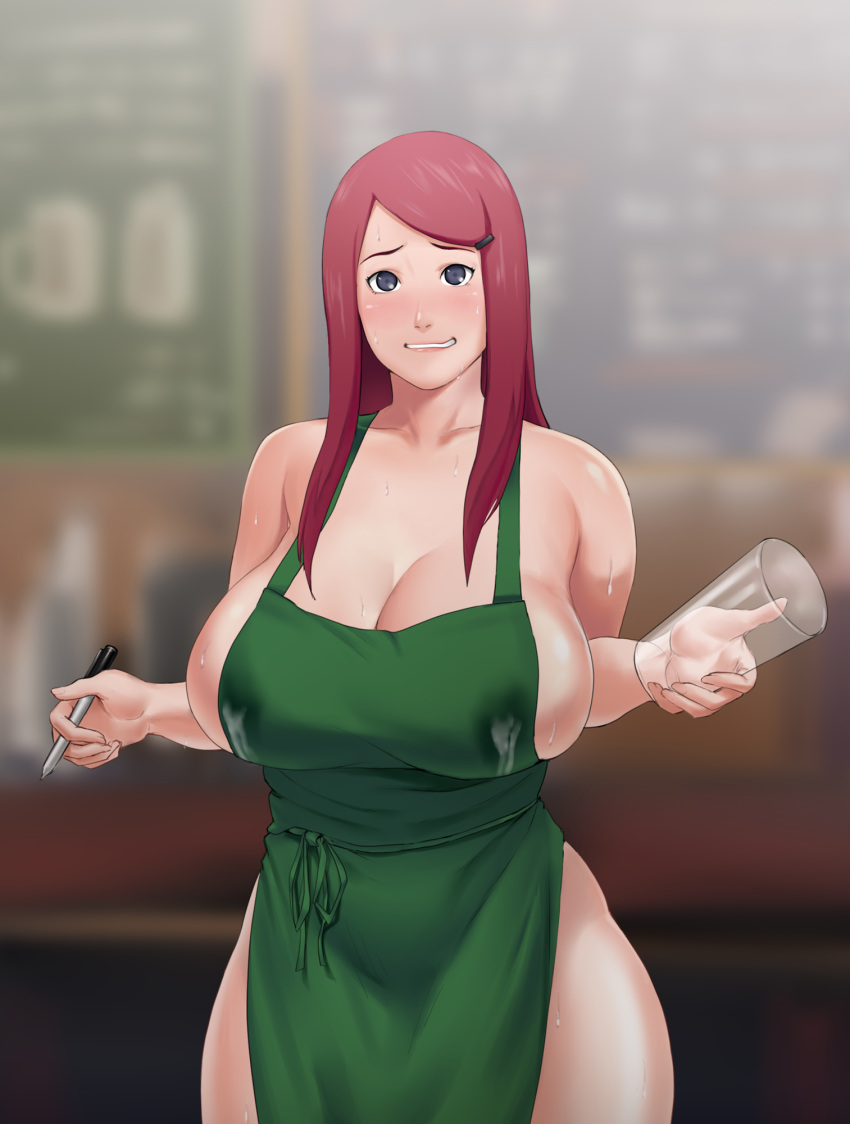 1girls blurry_background blush curvaceous curvy feet_out_of_frame female high_resolution holding_pen huge_breasts human iced_latte_with_breast_milk lactating lactation_through_clothes long_hair looking_at_viewer mature mature_female meme milf naked_apron naruto naruto_shippuden pen red_hair solo standing starbucks uzumaki_kushina zeros