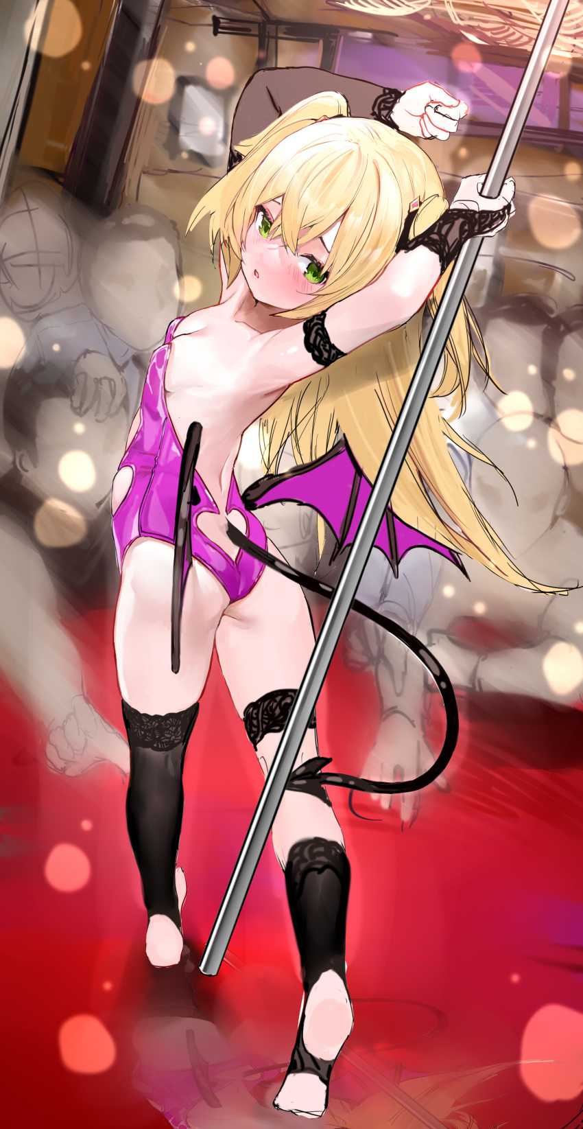 1girls adult blonde_hair blush breasts demon demon_girl demon_tail demon_wings fischl_(genshin_impact) genshin_impact gree4 green_eyes pole pole_dancing revealing_clothes small_breasts stripper stripper_pole succubus tail thick_thighs thighhighs thighs wings